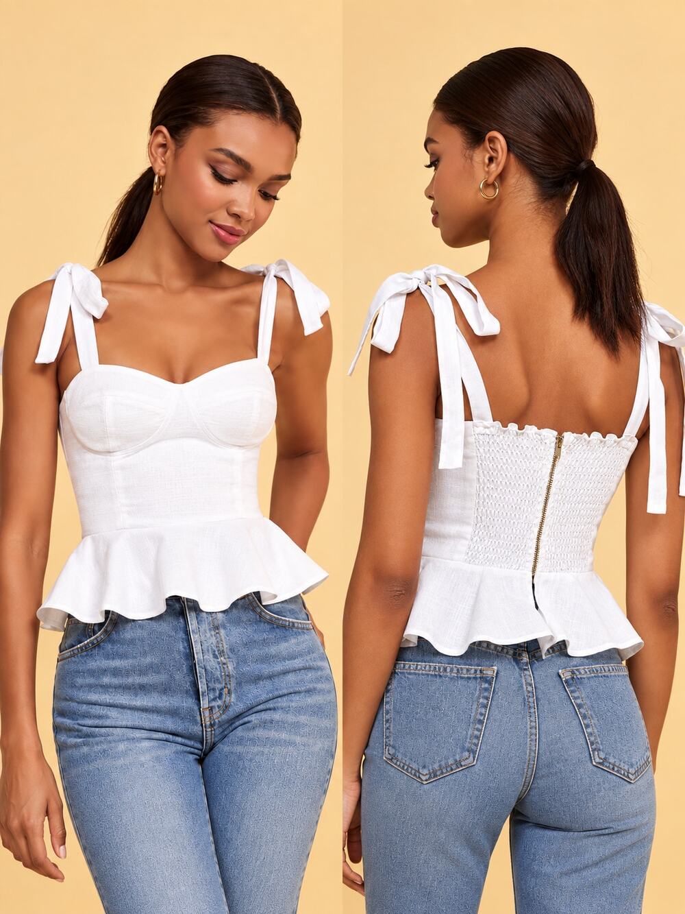 REFORMATION 100% Linen Kassi Tie Shoulder Tank Top Sweetheart Bustier Peplum